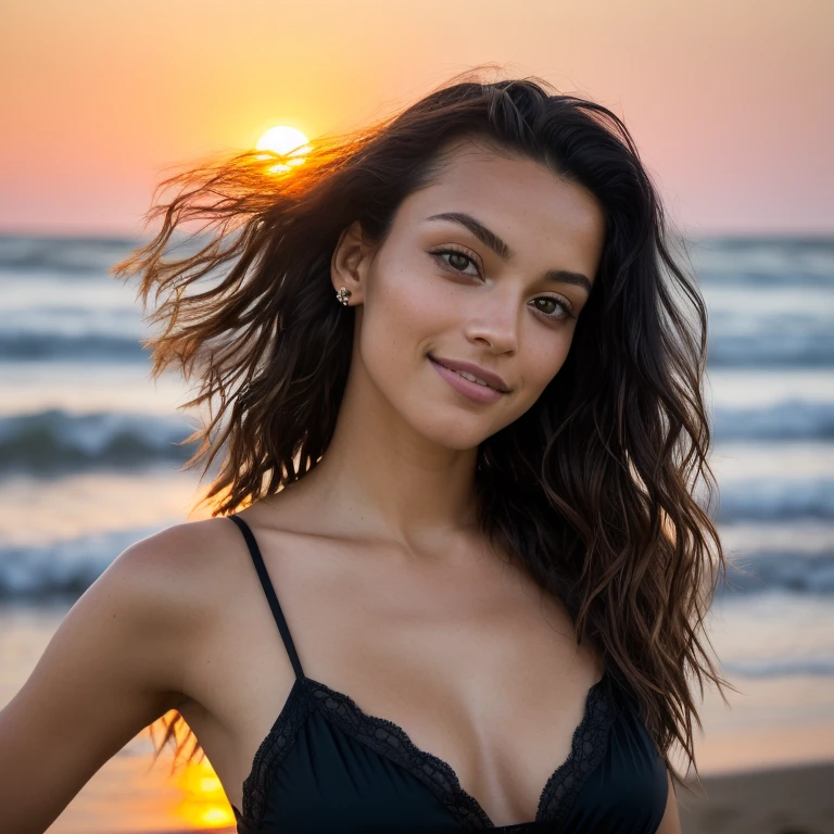 (droit sur la majeure partie du corps: 1.4), Photo portrait RAW UHD d&#39; a 21 year old mixed race brazilian with green eyes, danser le long de la plage au coucher du soleil, palmiers, corps mince, pose de danse, blouse blanche décolleté, jupe courte rouge, details (textures! long very curly black hair! Couleur!! , disadvantages: 1.1), yeux vert brillants avec beaucoup de details (En regardant la caméra), Reflex lighting, Appareil photo reflex, Ultra-quality, acuity, profondeur de champ, Grain du film (centre), Fujifilm XT3, 35 mm limpide, frame centre, visage normal mais joli sans maquillage, sharpness, coucher de soleil orange, Bokeh (dimly lit), nuit, (nuit sky), detailed skin pores! la peau grasse, tanned skin, complex eye details, tout le corps, very big breasts, Souriant, some skin defects!
