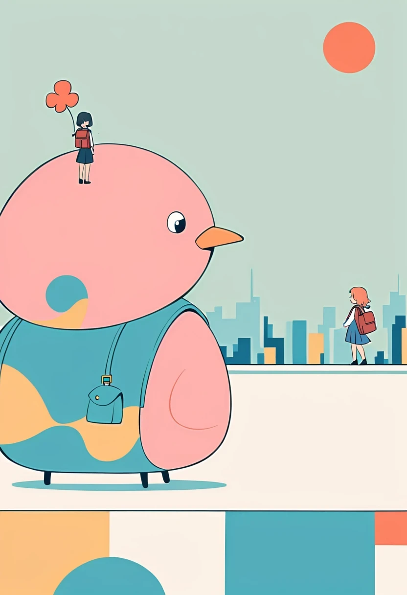 Stand on the rooftop,Girl with backpack on rooftop,The backpack is filled with happy spring,Simple lines,Minimalism,Abstract Art,City background