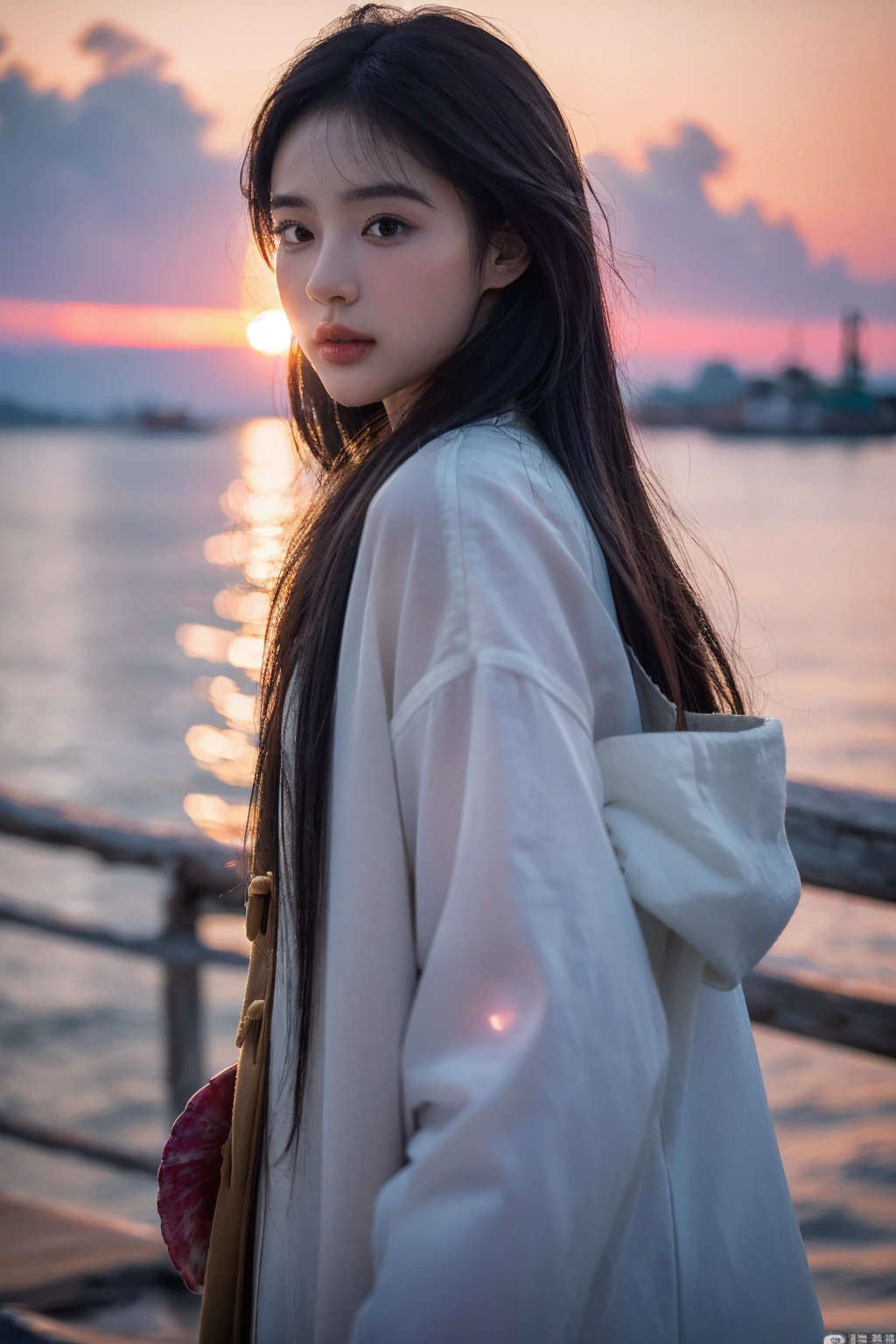 (8K, RAW photo, highest quality, masterpiece:1.3), (realistic, photo-realistic:1.4), (Highly detailed 8K wallpaper), sharp focus, Depth of written boundary, silky smooth skin, ultra realistic, photorealistic, highest detailed eyes and face, extremely high resolution,
japanese idol,very cute, ,(coat:1.3),(long hair :1.3), Upper body, highly detailed face and eyes,((shiny skin:1.2)), cinematic lighting, soft light, blur background,( A serene morning seascape with the sunrise reflecting off the water, creating a sparkling effect. In the distance, small fishing boats can be seen, while closer to the shore, seashells are scattered across the sand. The sky is painted in soft shades of pink and orange, with a few clouds drifting by :1.2)