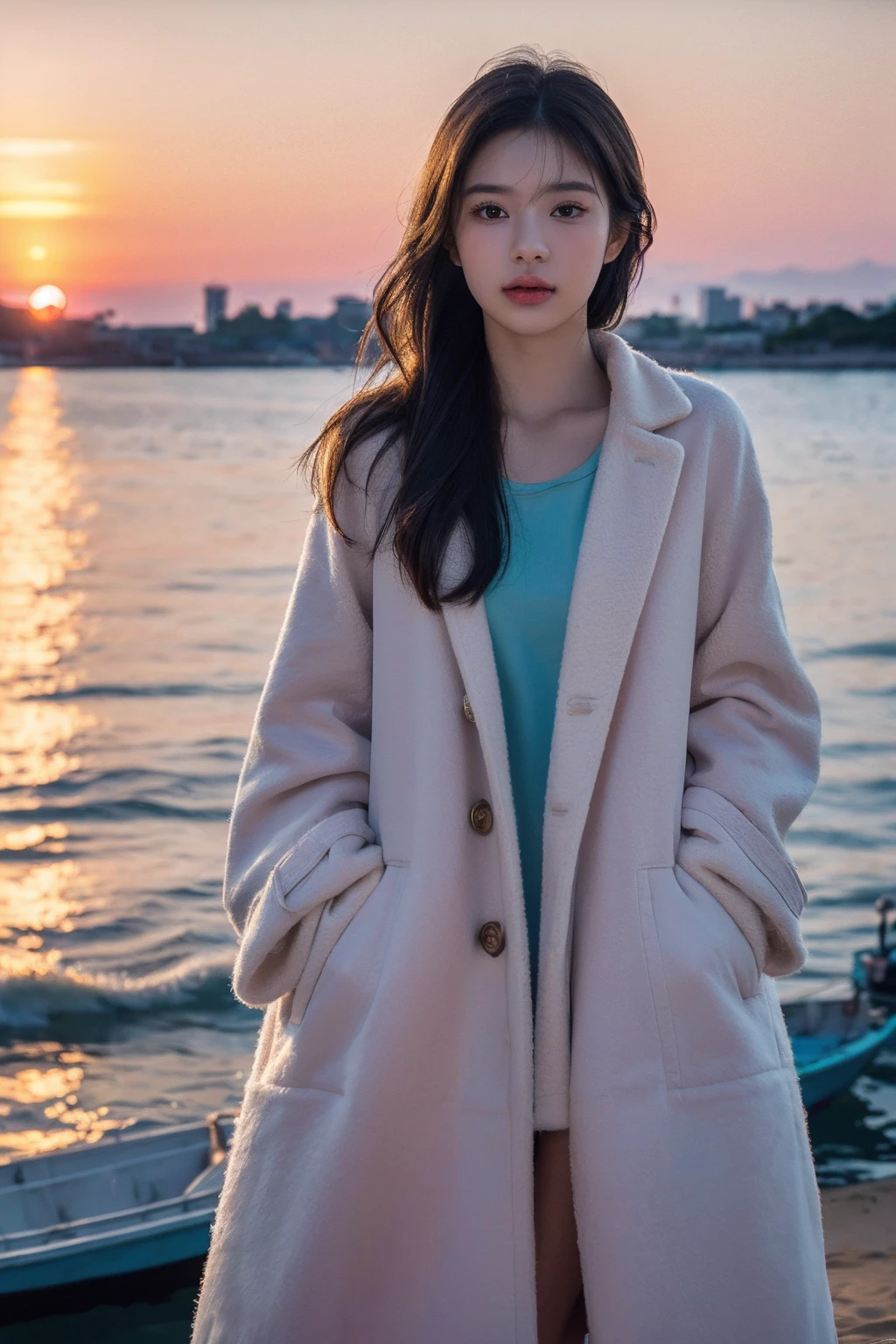 (8K, RAW photo, highest quality, masterpiece:1.3), (realistic, photo-realistic:1.4), (Highly detailed 8K wallpaper), sharp focus, Depth of written boundary, silky smooth skin, ultra realistic, photorealistic, highest detailed eyes and face, extremely high resolution,
japanese idol,very cute, baby face,(coat:1.3),(long hair :1.3), Upper body, highly detailed face and eyes,((shiny skin:1.2)), cinematic lighting, soft light, blur background,( A serene morning seascape with the sunrise reflecting off the water, creating a sparkling effect. In the distance, small fishing boats can be seen, while closer to the shore, seashells are scattered across the sand. The sky is painted in soft shades of pink and orange, with a few clouds drifting by :1.2)