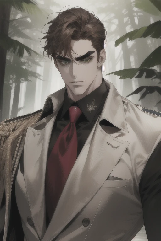 (absurdres, highres, ultra detailed), (1 male, solo, adult, mature, aged up, tall muscular guy, broad shoulders, handsome), wavy brown hair, green eyes, (angular jaw, thick neck, thick eyebrows), BREAK, forest, fantasy, Uniform, extremely detailed face, upper body,