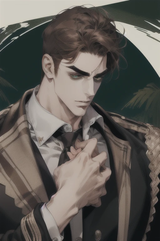 (absurdres, highres, ultra detailed), (1 male, solo, adult, mature, aged up, tall muscular guy, broad shoulders, handsome), wavy brown hair, green eyes, (angular jaw, thick neck, thick eyebrows), BREAK, forest, fantasy, Uniform, extremely detailed face, upper body,