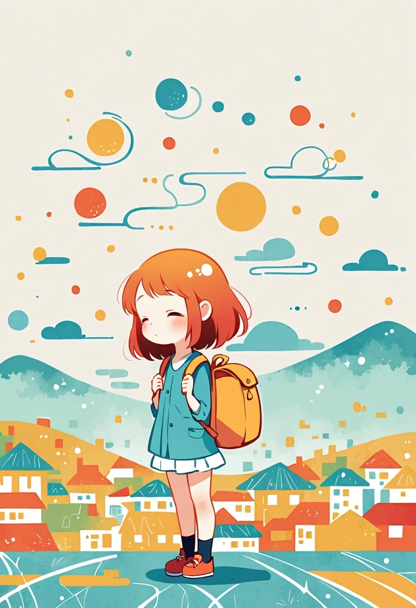 Stand on the rooftop,Girl with backpack on rooftop,The backpack is filled with happy spring,Simple lines,Minimalism,Abstract Art,City background