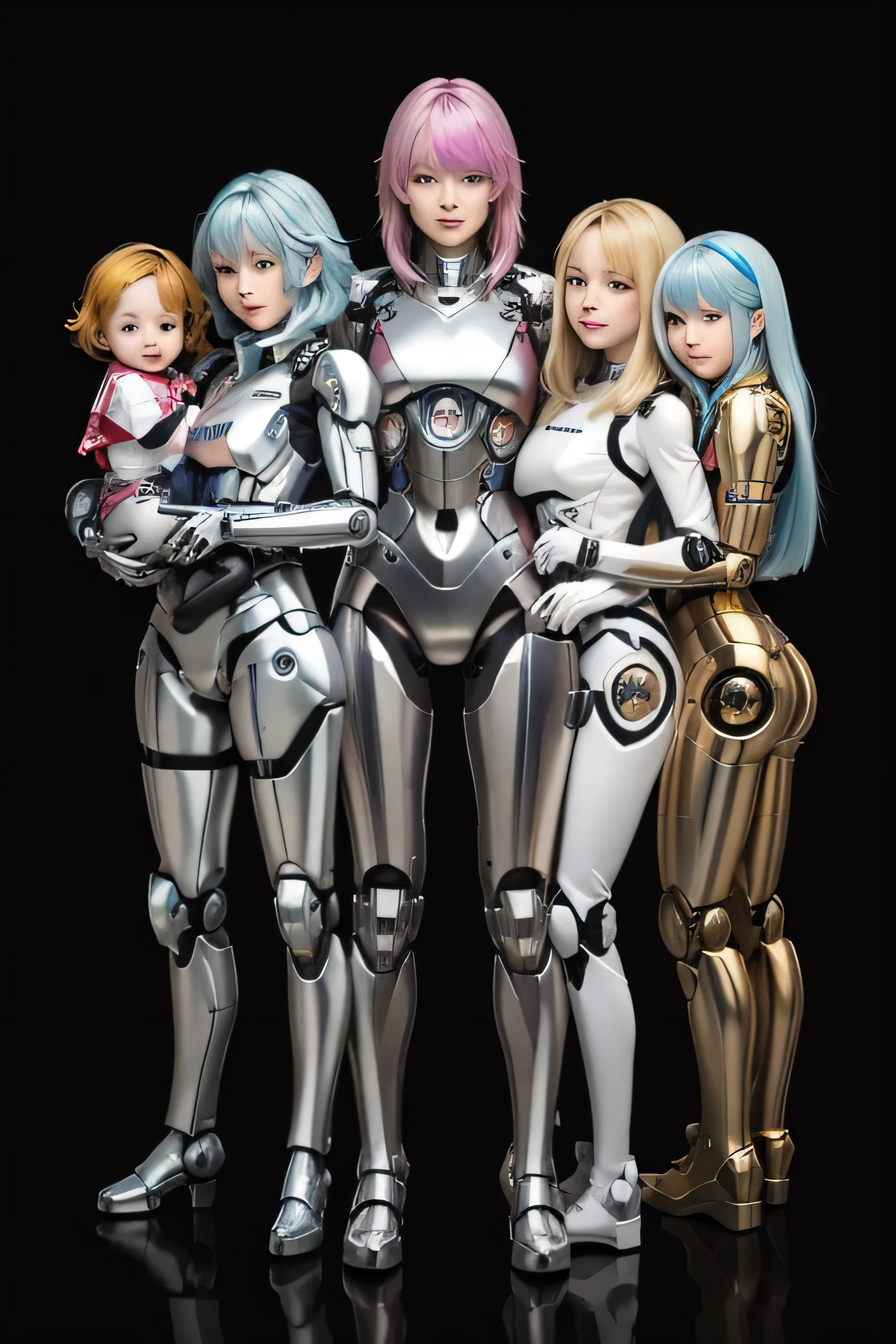 Many girls transformed into robots,
 whole body mechanics,　
 Only the faces of all of them remain human.,
 They all have different hair colors and hairstyles.,
 Everyone&#39;s entire body is mechanical and made of metal.,
 Everyone&#39;s whole body is mechanical and metallic, and they&#39;re all different colors.,
 Not all body shapes are the same,
 Everyone has different foot shapes,
 They all have height differences,
 The bodies bear little resemblance to each other,
 All standing together,
 Everyone smiles at the master,
 Group Selfie,
 full body shot,
 Looks like a whole body,
 nffsw,
 retina,
 table top, Accurate, anatomically correct, advanced details, highest quality, High resolution