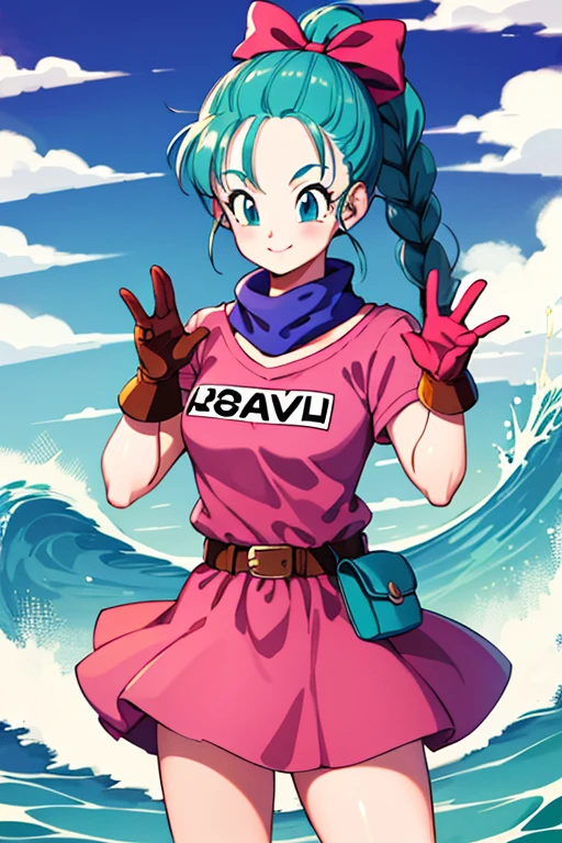 masterpiece, highest quality, High resolution, Dragon Ball, Bull Pony, Aqua Hair, Hair Ribbon, Braided Ponytail, Pink Shirt, belt, scarf, Pink Skirt, Clothes writing, Brown gloves, Medium chest, Outdoor, Cowboy Shot, wave hands, smile