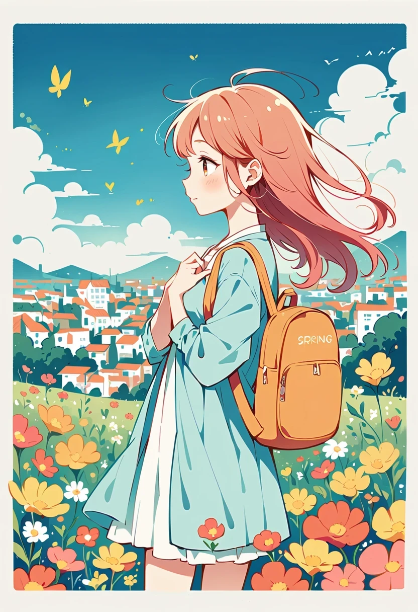 Stand on the rooftop,Girl with backpack on rooftop,The backpack is filled with happy spring,Simple lines,Minimalism,Abstract Art,City background