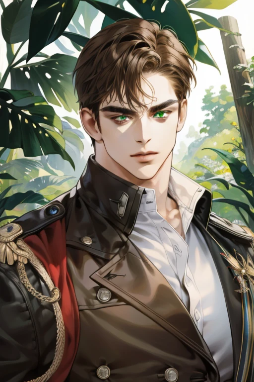 (absurdres, highres, ultra detailed), (1 male, solo, adult, mature, aged up, tall muscular guy, broad shoulders, handsome), wavy brown hair, green eyes, (angular jaw, thick neck, thick eyebrows), BREAK, forest, fantasy, Uniform, extremely detailed face, upper body,