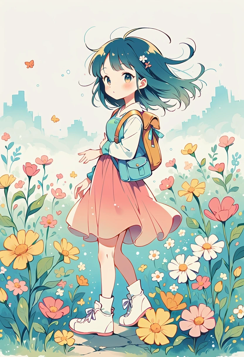 Stand on the rooftop,Girl with backpack on rooftop,The backpack is filled with happy spring,Simple lines,Minimalism,Abstract Art,City background
