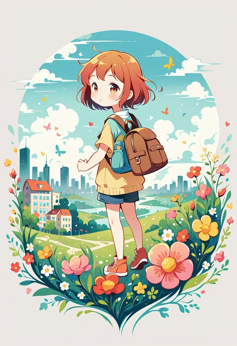 Stand on the rooftop,Girl with backpack on rooftop,The backpack is filled with happy spring,Simple lines,Minimalism,Abstract Art,City background