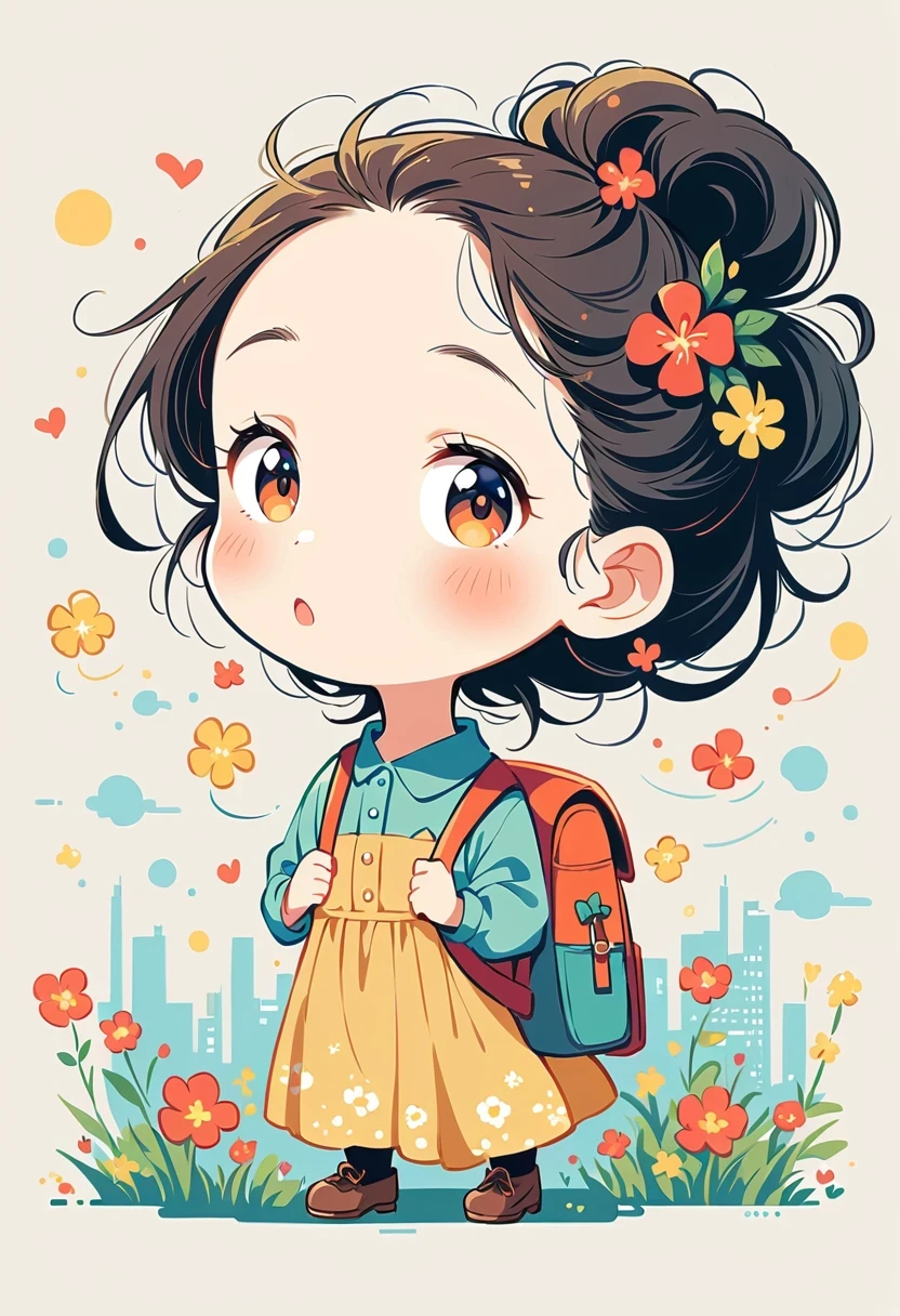 Stand on the rooftop,Girl with backpack on rooftop,The backpack is filled with happy spring,Simple lines,Minimalism,Abstract Art,City background