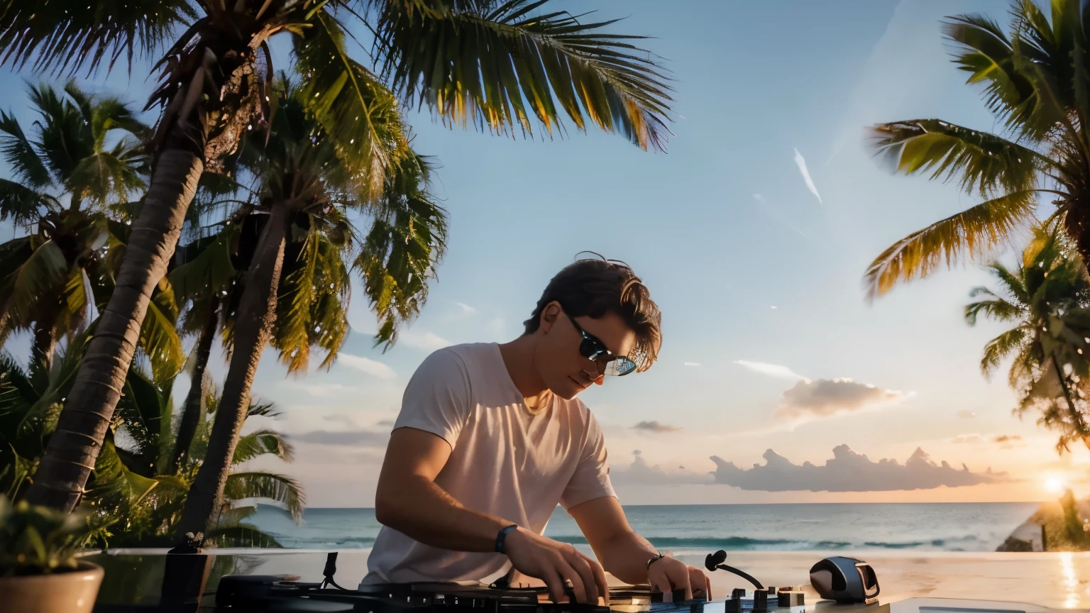 Visualize a vibrant and energetic stage where a passionate DJ takes center stage, capturant l'essence d'un moment magique de musique en plein air. Ce DJ, Cool et confiant, wears stylish sunglasses that reflect the last rays of the sun, ajoutant une touche de mystère à son allure. He is intensely focused on his mixing desk, his skilled hands adjusting the tracks with precision, dans une parfaite harmonie avec le rythme. L'environnement autour de lui évoque une ambiance de détente et de fête, caractérisée par la présence de quelques palmiers élancés en background, qui se découpent contre un ciel aux couleurs douces de fin de journée. Ces teintes, mix of roses, d'orange et de violette, creating a warm and inviting atmosphere, reflétant la beauté d'un coucher de soleil sur un lieu exotique. The light is soft but present enough to highlight the DJ'face and equipment details, create subtle contrasts and play on'shadows that add depth to the scene. Les palmiers et la lumière du coucher de soleil ensemble suggèrent une ambiance festive mais détendue, un espace où la musique et la nature se rencontrent pour créer une expérience inoubliable. Le cadre de l'image est soigneusement composé pour focaliser l'attention sur le DJ, with a depth of field that slightly blurs the'background, while letting the shapes and colors of the palm trees and sky visually enrich the scene. This composition creates a feeling of'immersion, invitant le spectateur à ressentir l'énergie de la musique et la sérénité de l'environnement naturel. This image is designed to capture a unique moment where passion, music and natural beauty merge, offering a window into a world where every element contributes to a memorable experience. Les couleurs douces et l'ambiance de fin de journée ajoutent une touche de nostalgie et de rêverie, faisant de ce