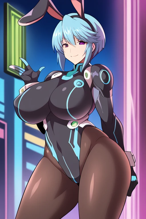1girl, bunny ears, rabbit ears, large breasts, breasts, tall, tall female, mature female, purple eyes, light smile, happy, smile, blue hair, very short hair, bodysuit, pantyhose, black pantyhose, white bodysuit, light blue hair, light skin, neon, neon trim, neon lights, macjonery, futuristic, science-fiction, tech