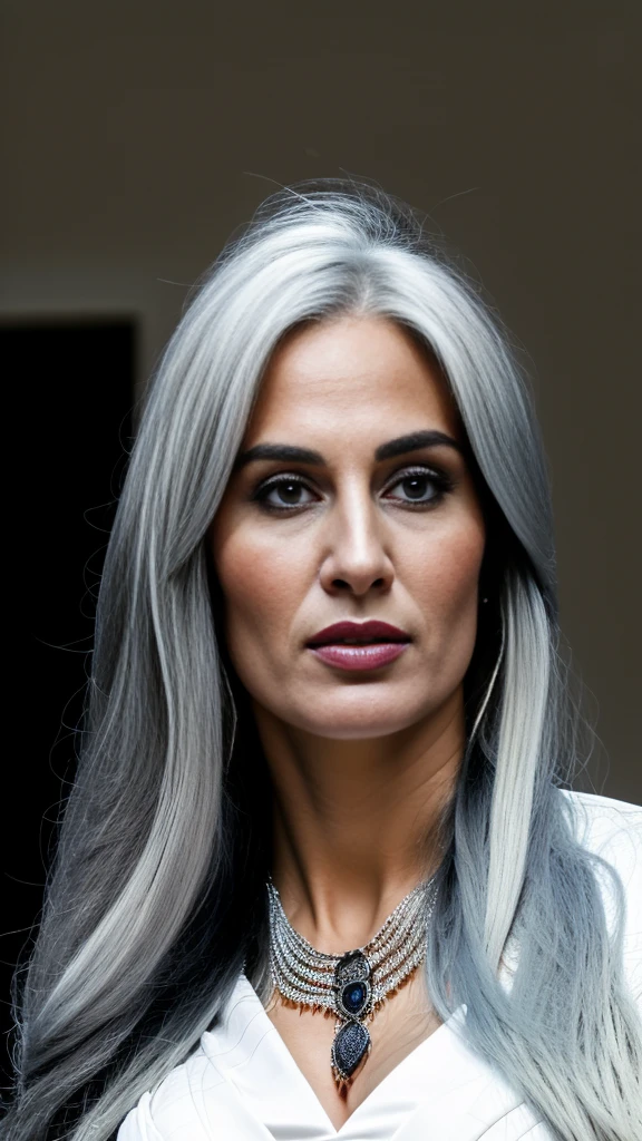 Photorealistic, High resolution, 1womanl, Solo, hips up high, look at viewr, (Detailed face), White hair, Long hair, Black business sexy suit, Mafia, The tattoo, Jewelry, young sexy 31 yo dutch woman, satisfied angry look to camera 
