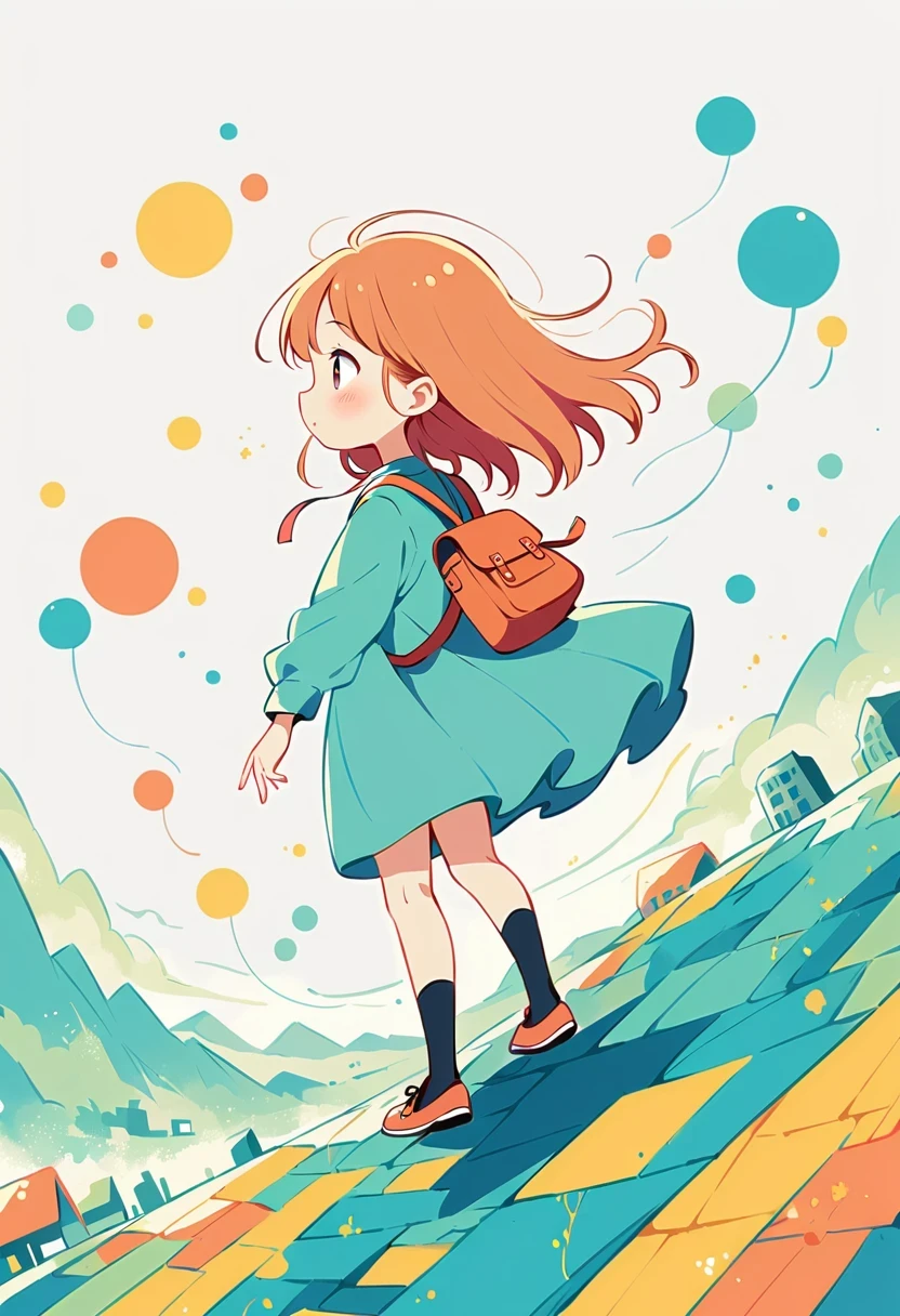 Stand on the rooftop,Girl with backpack on rooftop,The backpack is filled with happy spring,Simple lines,Minimalism,Abstract Art,City background