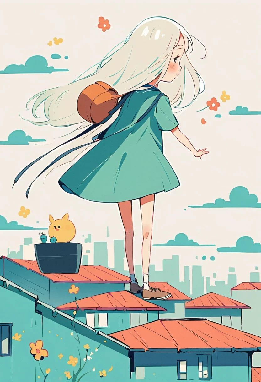 Stand on the rooftop，Girl with backpack on rooftop，The backpack is filled with happy spring，Simple lines，Minimalism，Abstract Art，City background