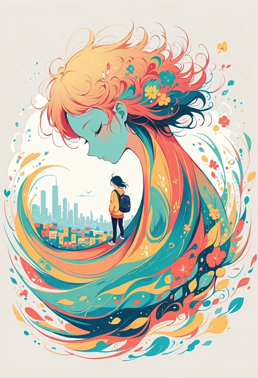 Stand on the rooftop,Girl with backpack on rooftop,The backpack is filled with happy spring,Simple lines,Minimalism,Abstract Art,City background