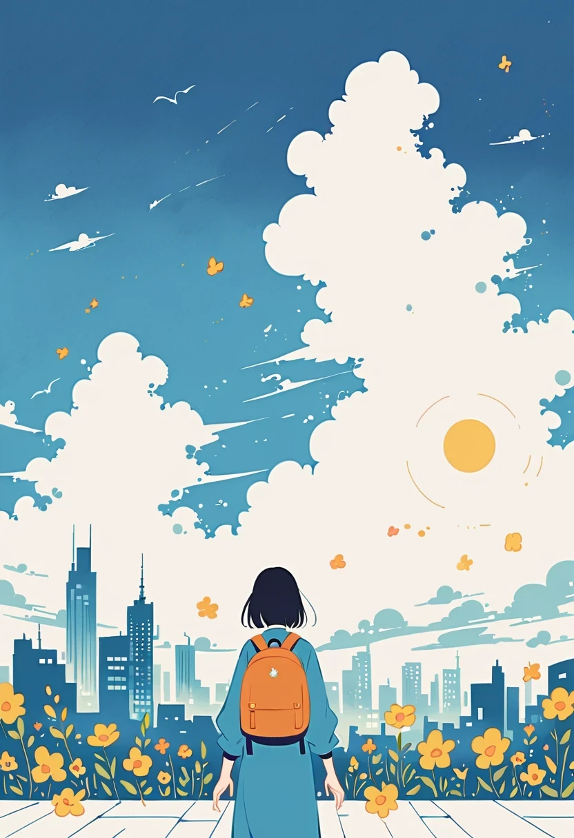 Stand on the rooftop，Girl with backpack on rooftop，The backpack is filled with happy spring，Simple lines，Minimalism，abstraction，City background