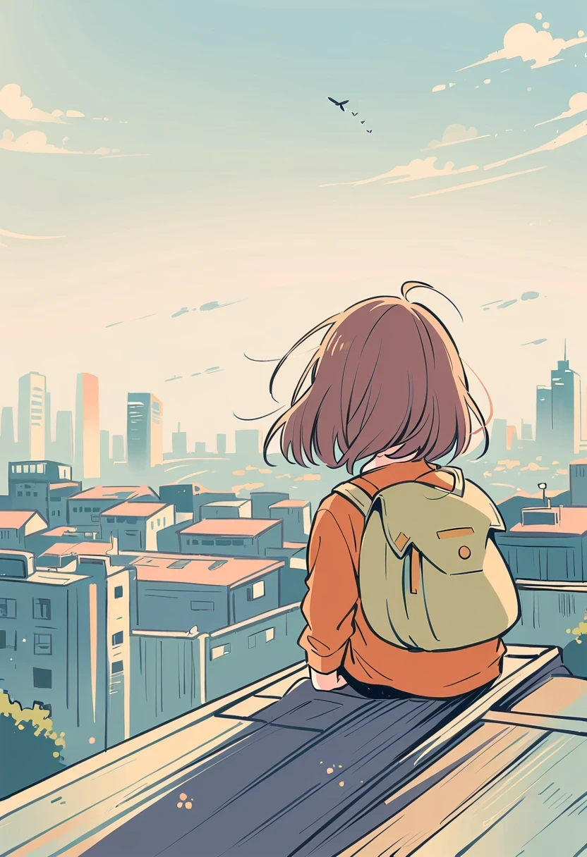 Stand on the rooftop,Girl with backpack on rooftop,The backpack is filled with happy spring,Simple lines,Minimalism,abstraction,City background