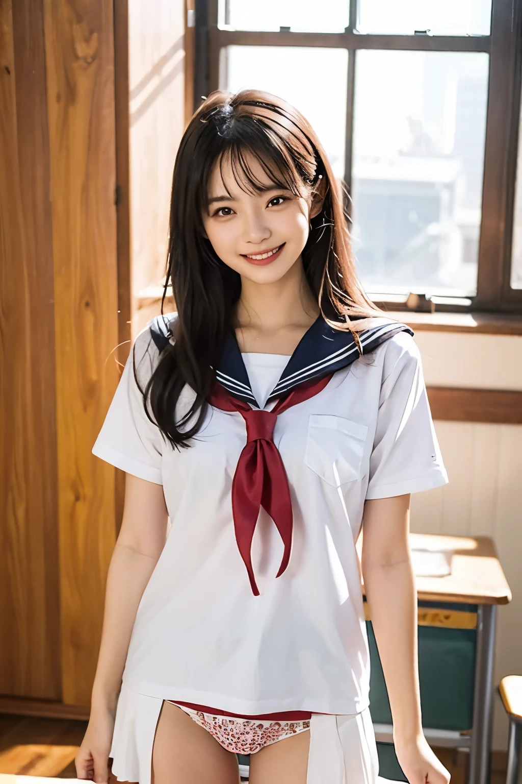 1girl, straight long hair, black hair, sailor ,(school uniform:1.3),(white panties),(intricate panties:1.2), , embarrassed smile,