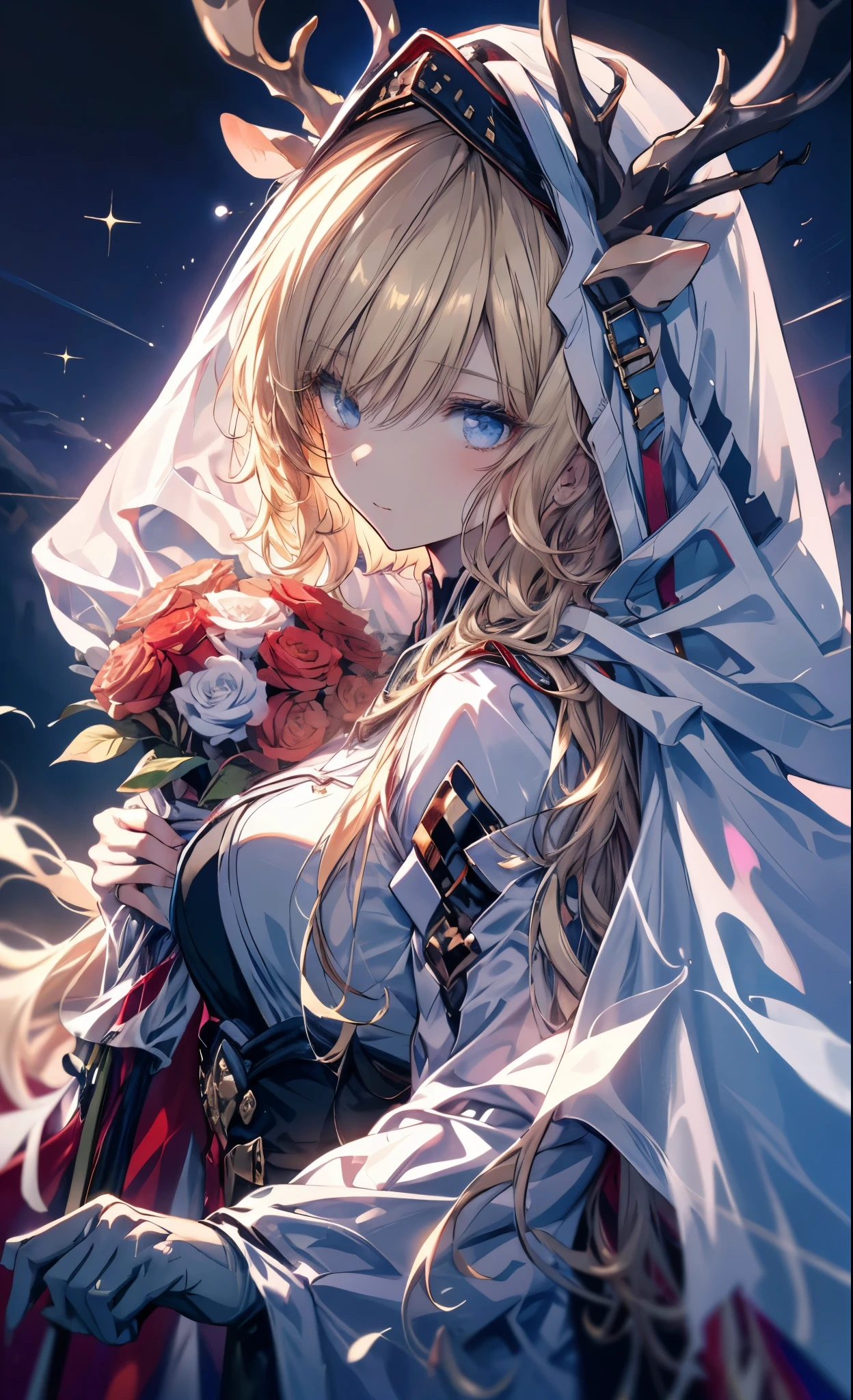 (masterpiece:1.2)、(Top quality)、4K、Ultra Detail、(Movement components:1.4)、Very colorful details、(Rainbow Colors:1.2)、(Luminous lighting、Mood lighting)、Like a dream、magic,absurd, high resolution, (official art, Beautiful and beautiful:1.2), Best quality,(solo:1.7)、Ultra Detailed,Bright colors、Anime face、Extremely beautiful face and eyes, beautiful images、High level of image quality、Clear image quality、Very beautiful girl、Vast landscape photos、(Two Tanita smiles),(A view of the sky and wilderness from below)、Girl standing in flower field looking up、(full moon:1.2)、(meteor:0.9)、(nebula:1.3)、Mountains in the distance、Tree cutting art、(Warm color Light Source:1.2)、(firefly:1.2),(Goddess of the Stars),(Angelic:1.2),(Holding a large bouquet:1.3),(Hair parted in the middle、Blonde Smooth Straight Hair),Intricate details、Volumetric Lighting、RealismBREAK 、