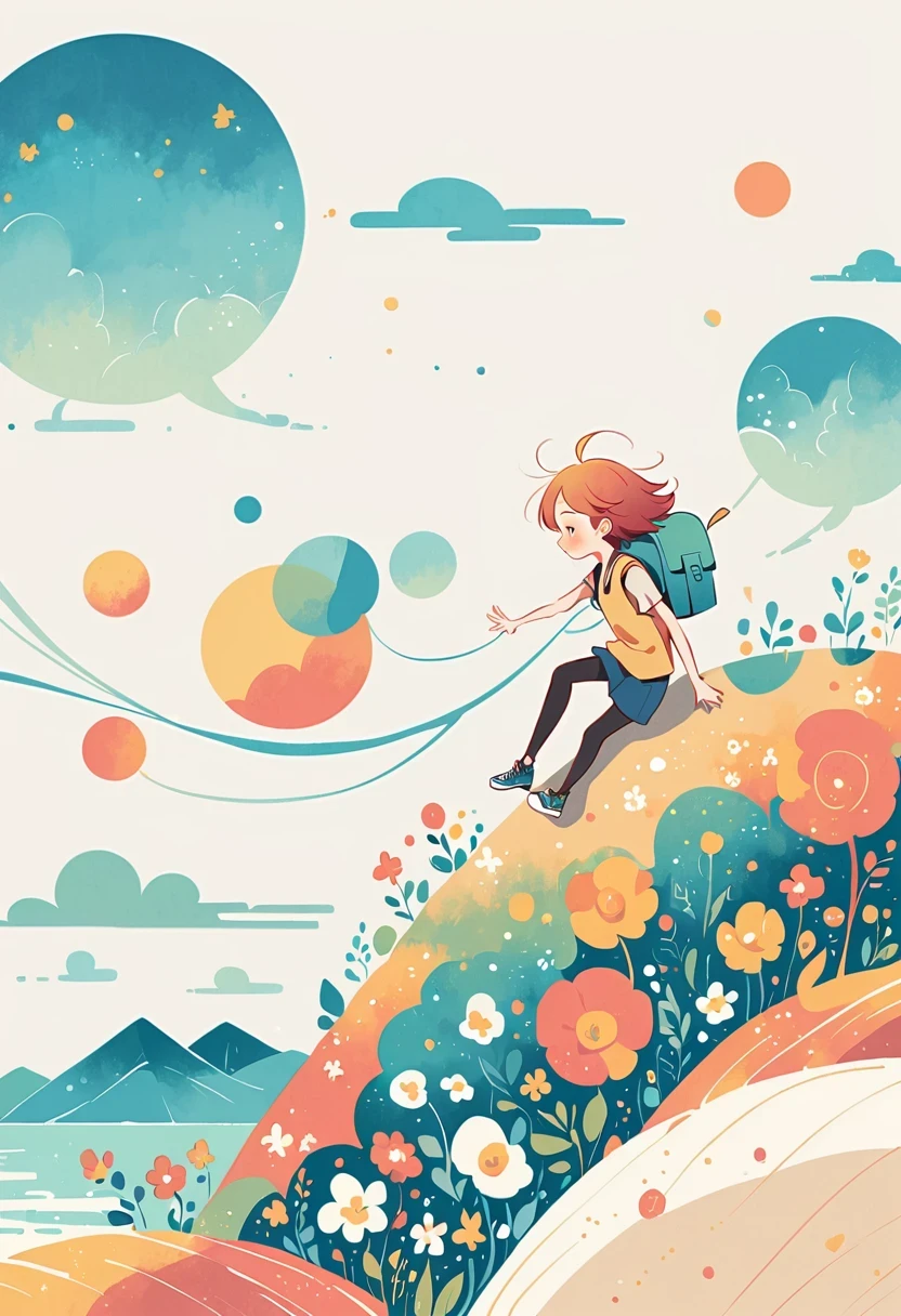 Stand on the rooftop,Girl with backpack on rooftop,The backpack is filled with happy spring,Simple lines,Minimalism,abstraction,City background
