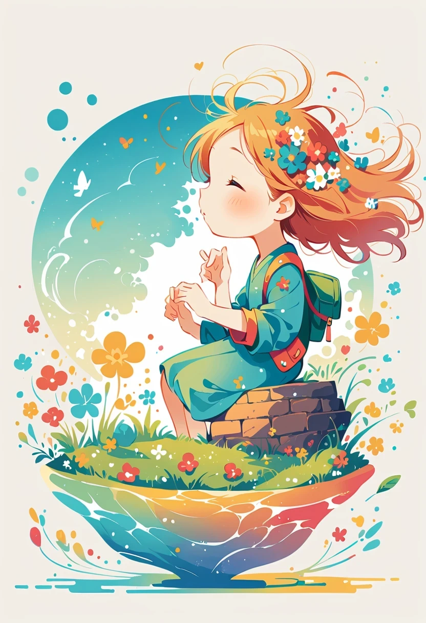 Stand on the rooftop，Girl with backpack on rooftop，The backpack is filled with happy spring，Simple lines，Minimalism，abstraction，City background