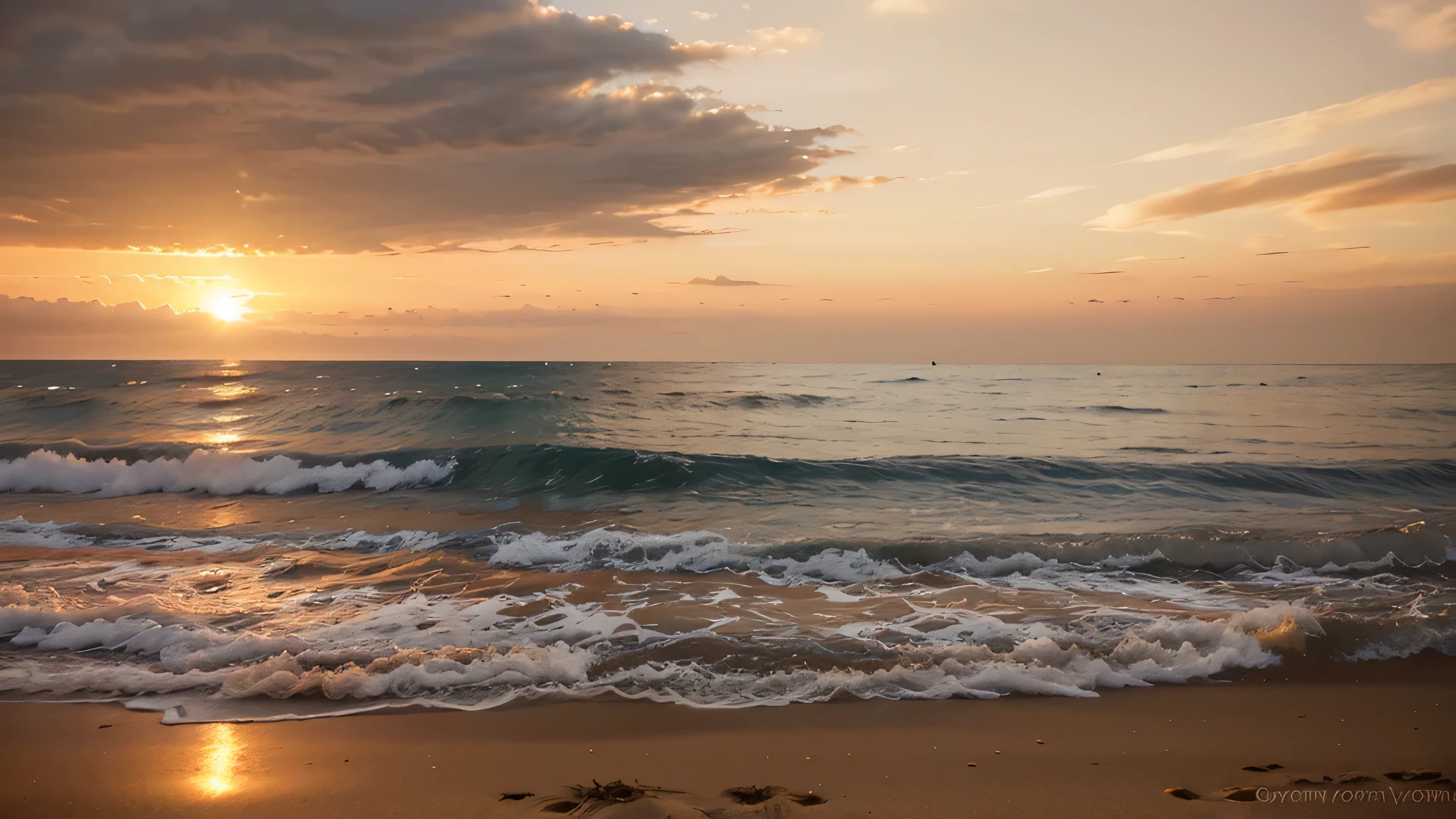 Une plage au coucher du soleil, with warm colors dominating and a slight breeze lifting its coat.
