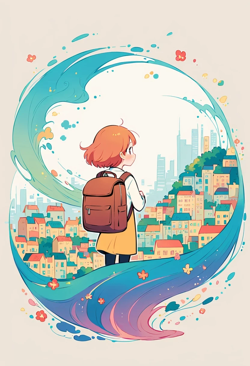 Stand on the rooftop,Girl with backpack on rooftop,The backpack is filled with happy spring,Simple lines,Minimalism,abstraction,City background