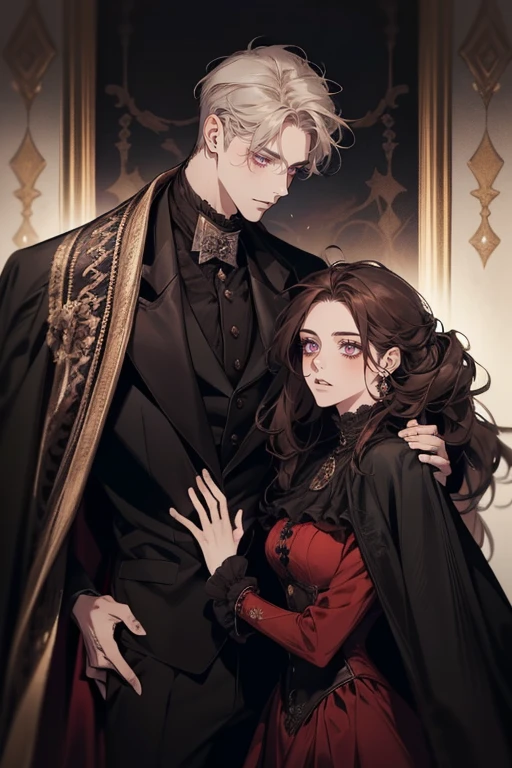 1 male 1 female, different hair color, extremely detailed face, Long black bang hair with twist and purple eyes, short dark brown hair and dark grey eyes, face to face, 25 years old, Victorian era, (female wears a red dress), (male wears a long black cape and black suit), dim light, male is a king, ((male is taller)), (dark palace)