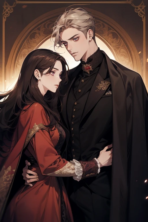 there is a man standing in a room with a beautiful women, skinny male, androgynous vampire, with long dark hair, as a medieval fantasy character, male vampire, handsome male vampire, with long hair, elegant outfit with red shirt and harness on torso, rings on hand, office background