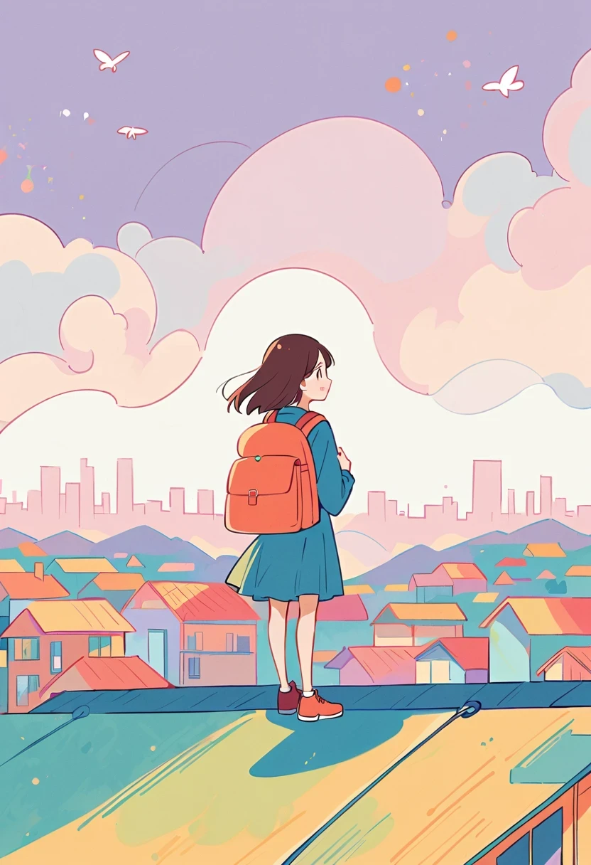 Stand on the rooftop，Girl with backpack on rooftop，The backpack is filled with happy spring，Simple lines，Minimalism，abstraction，City background