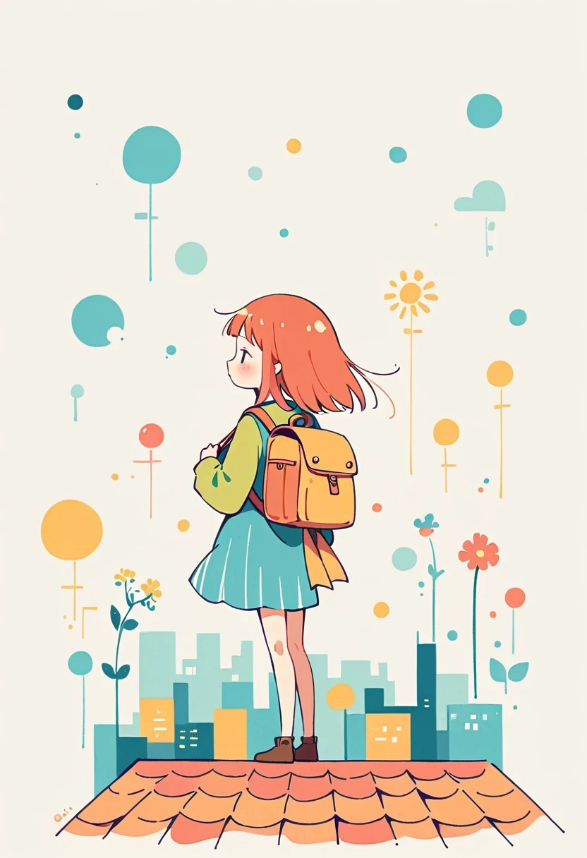 Stand on the rooftop,Girl with backpack on rooftop,The backpack is filled with happy spring,Simple lines,Minimalism,abstraction,City background
