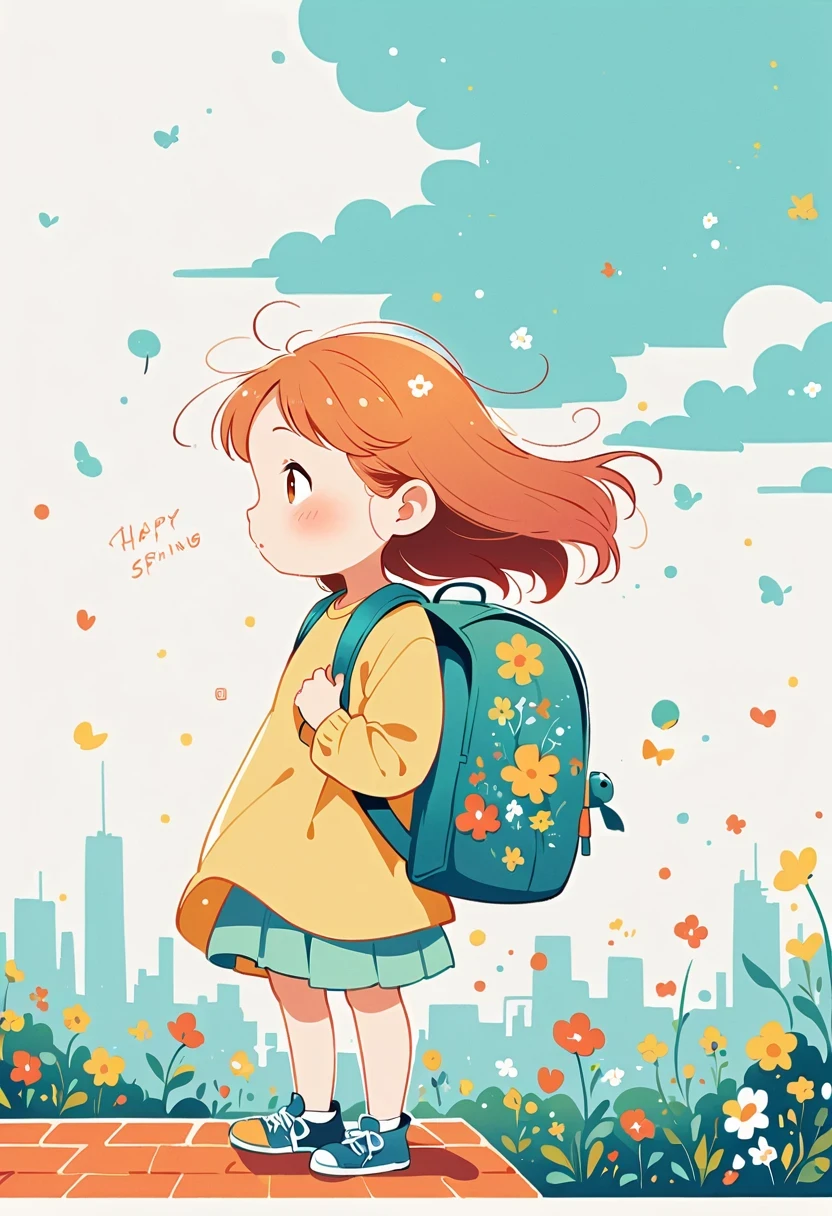 Stand on the rooftop,Girl with backpack on rooftop,The backpack is filled with happy spring,Simple lines,Minimalism,abstraction,City background