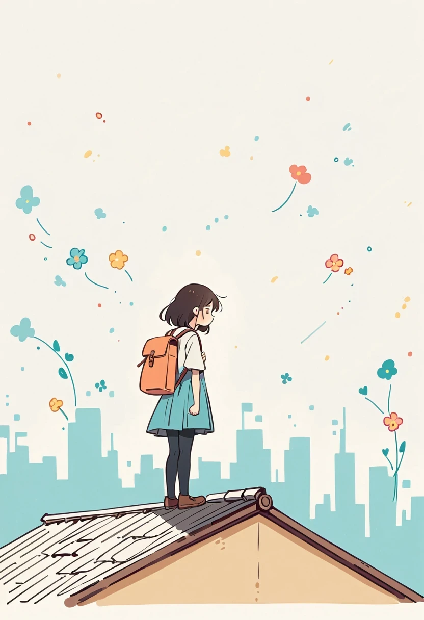 Stand on the rooftop，Girl with backpack on rooftop，The backpack is filled with happy spring，Simple lines，Minimalism，abstraction，City background
