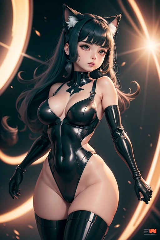 A female robot in the form of a black cat　Tem orelhas de gato e cauda　mechanical arm　mechanical legs　Mechanical fuselage　Espreitando no escuro, nffsw, retinas, mesa, preciso, Anatomicamente Correto, pele texturizada, super detalhe, detalhes altos, alta qualidade, Melhor qualidade, high resolution of panties and bra in space