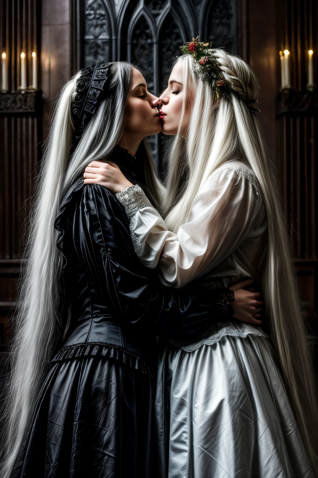 ((best quality)), ((masterpiece)), (detailed), perfect face, beautiful gothic lesbian women kissing each other with very long white hair, full body shot, big 