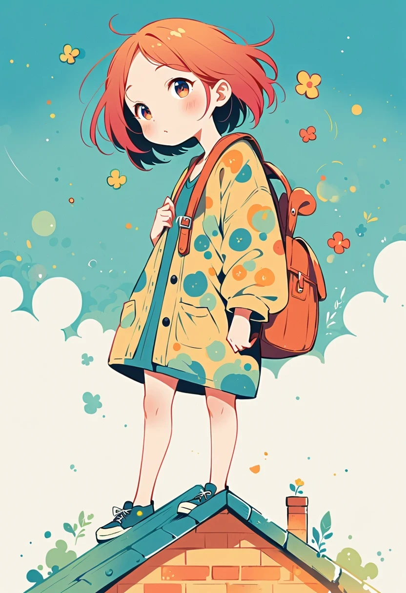 Stand on the rooftop，Girl with backpack on rooftop，The backpack is filled with happy spring，Simple lines，Minimalism，abstraction，City background