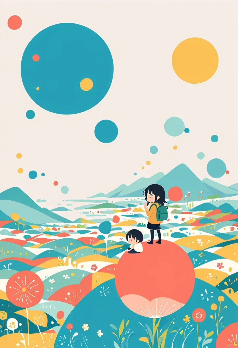 Stand on the rooftop,Girl with backpack on rooftop,The backpack is filled with happy spring,Simple lines,Minimalism,abstraction,City background