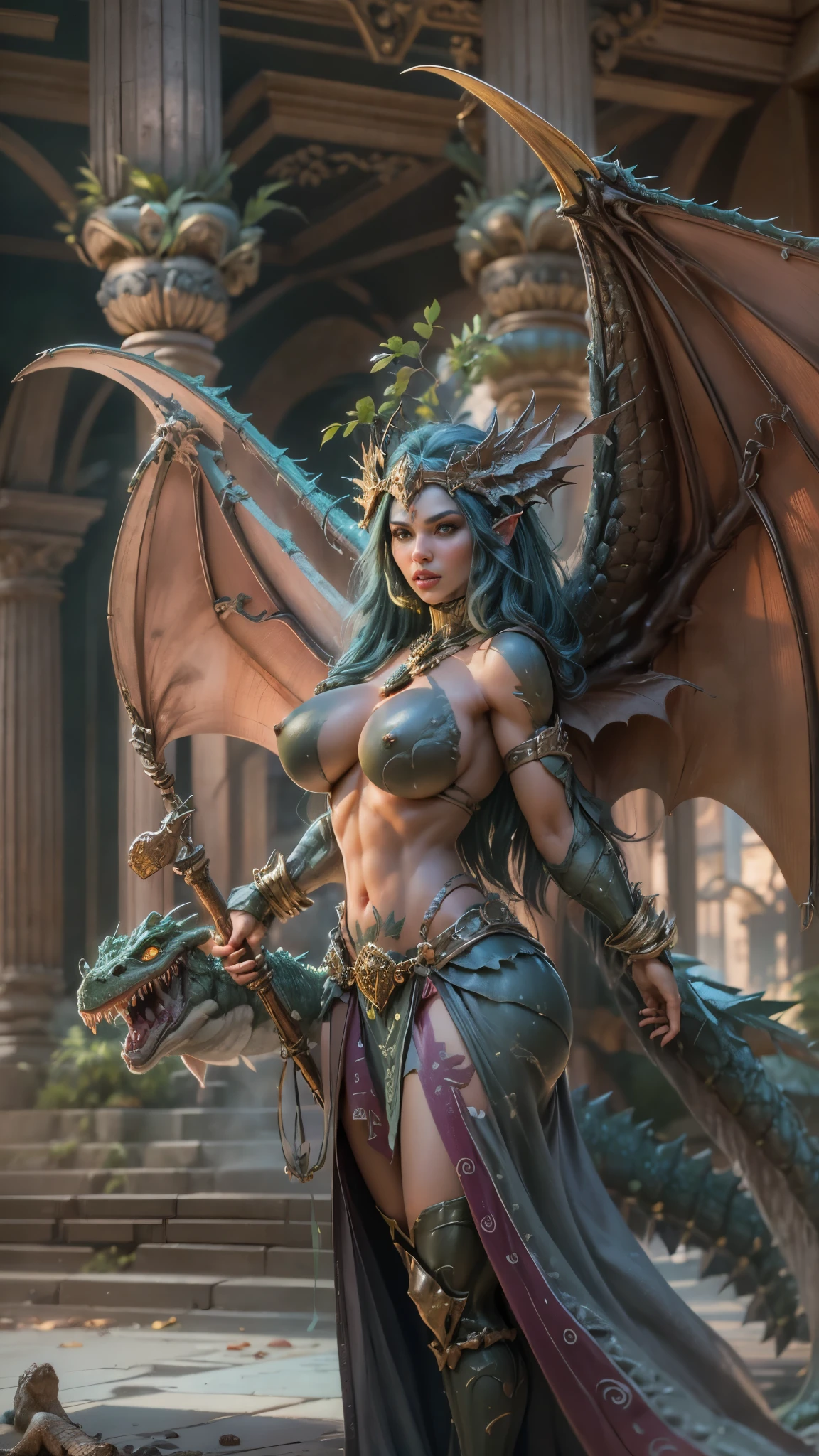(1 character), Beautiful green Dragon Queen Anissa Kate, bare chest, bare chest , erect nipples, big wings, crocodile skin, green skin, sexual, magic Staff in Hand, crocodile skin, Two arms, Old Temple, Ruins of an ancient temple, Universe of Warcraft, a lot of details, chic, super detailed, realistic, magical atmosphere, Fabulous atmosphere, magic, incredible, a lot of details, surrealism, ultrarealism, Hipperrealism, hd, 8k, octane rendering
