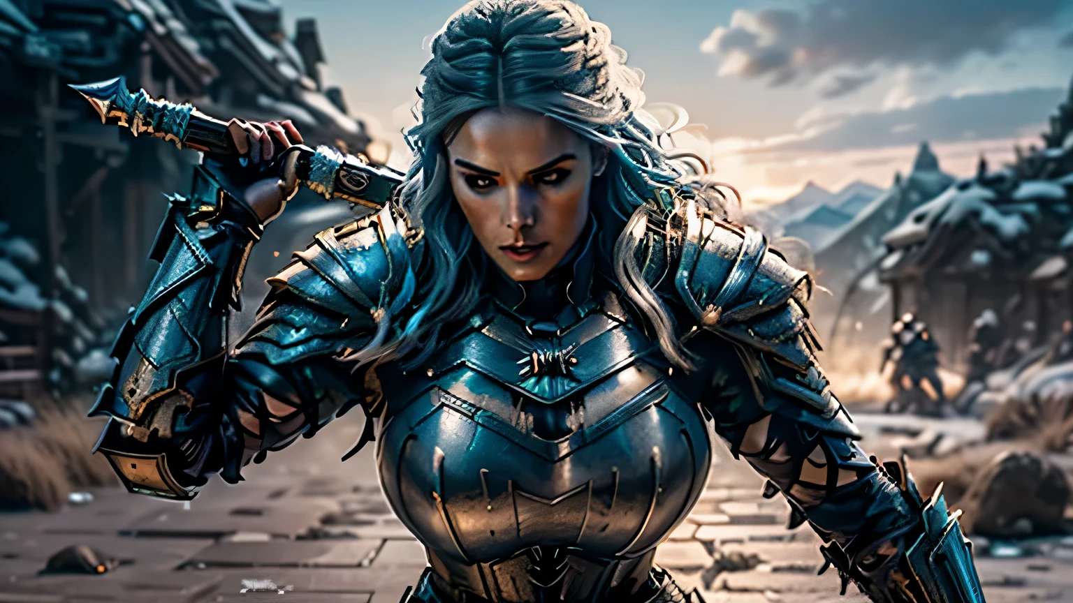 8K,asgard female warrior with very big breasts,Super beautiful(like the real thing),black very large chest armor,realistic skin,luxury black pants,Has a large, long black spear,sexy,muscular slim body,ripped abs,black shoulder armor,black waist armor,black leg armor,desert, rich colors, Backlight, cinematic lighting, film grain, RAW, 50mm lens,nikon D850,ultra high resolution,Super realistic,goddess,battle scene,action scene,action pose,shine a light on the face, long wavy blue hair, the Witcher, the Witcher armor, yennefer