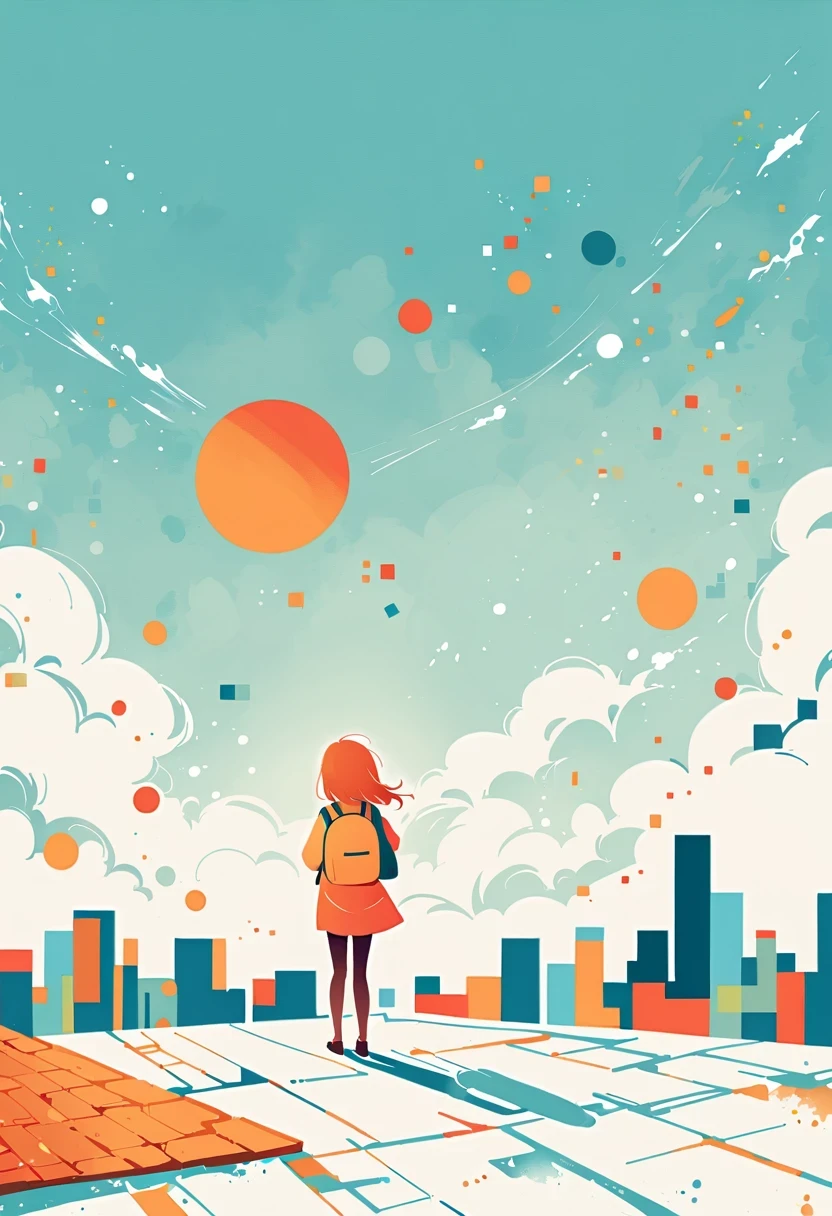 Stand on the rooftop,Girl with backpack on rooftop,The backpack is filled with happy spring,Simple lines,Minimalism,abstraction,City background