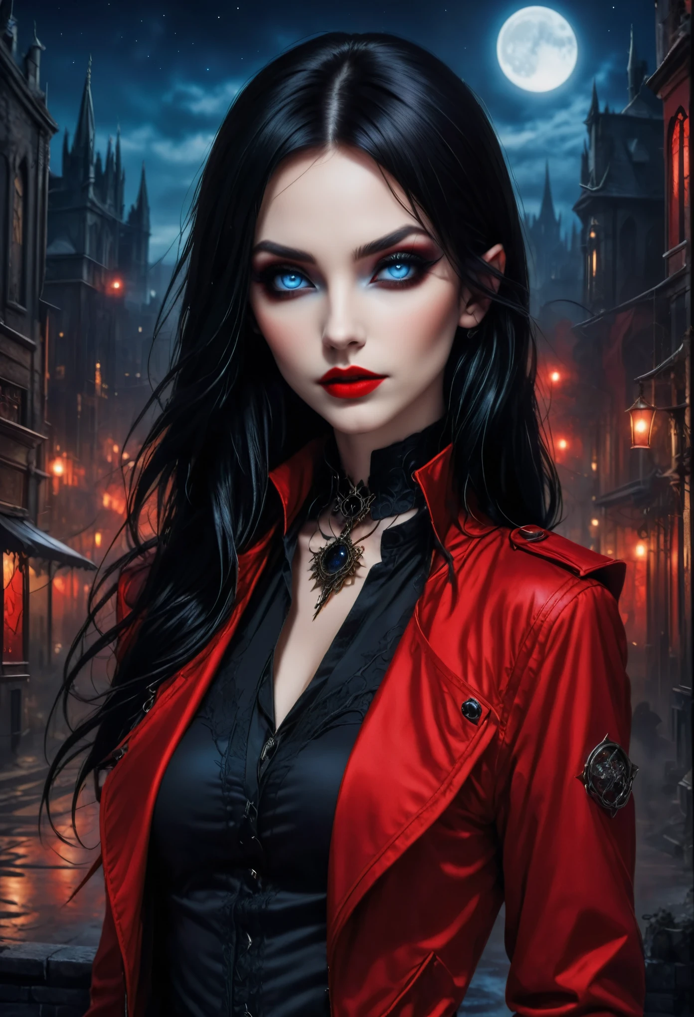 female elf, long black hair, blue eyes, black gothic choker, red jacket, black shirt, red lips, black makeup, gothic background. A detailed eye. City at night background.