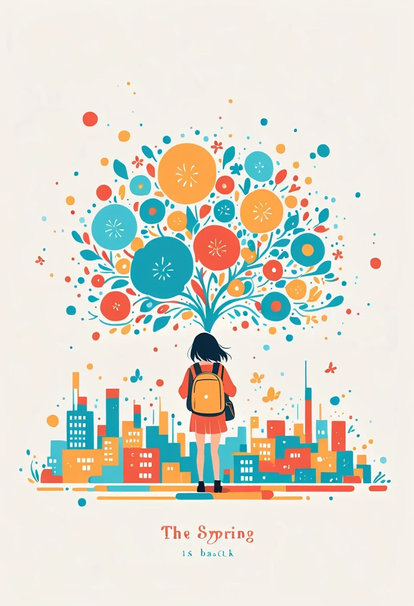 Stand on the rooftop,Girl with backpack on rooftop,The backpack is filled with happy spring,Simple lines,Minimalism,abstraction,City background
