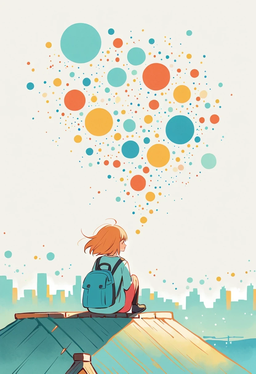 Stand on the rooftop，Girl with backpack on rooftop，The backpack is filled with happy spring，Simple lines，Minimalism，abstraction，City background