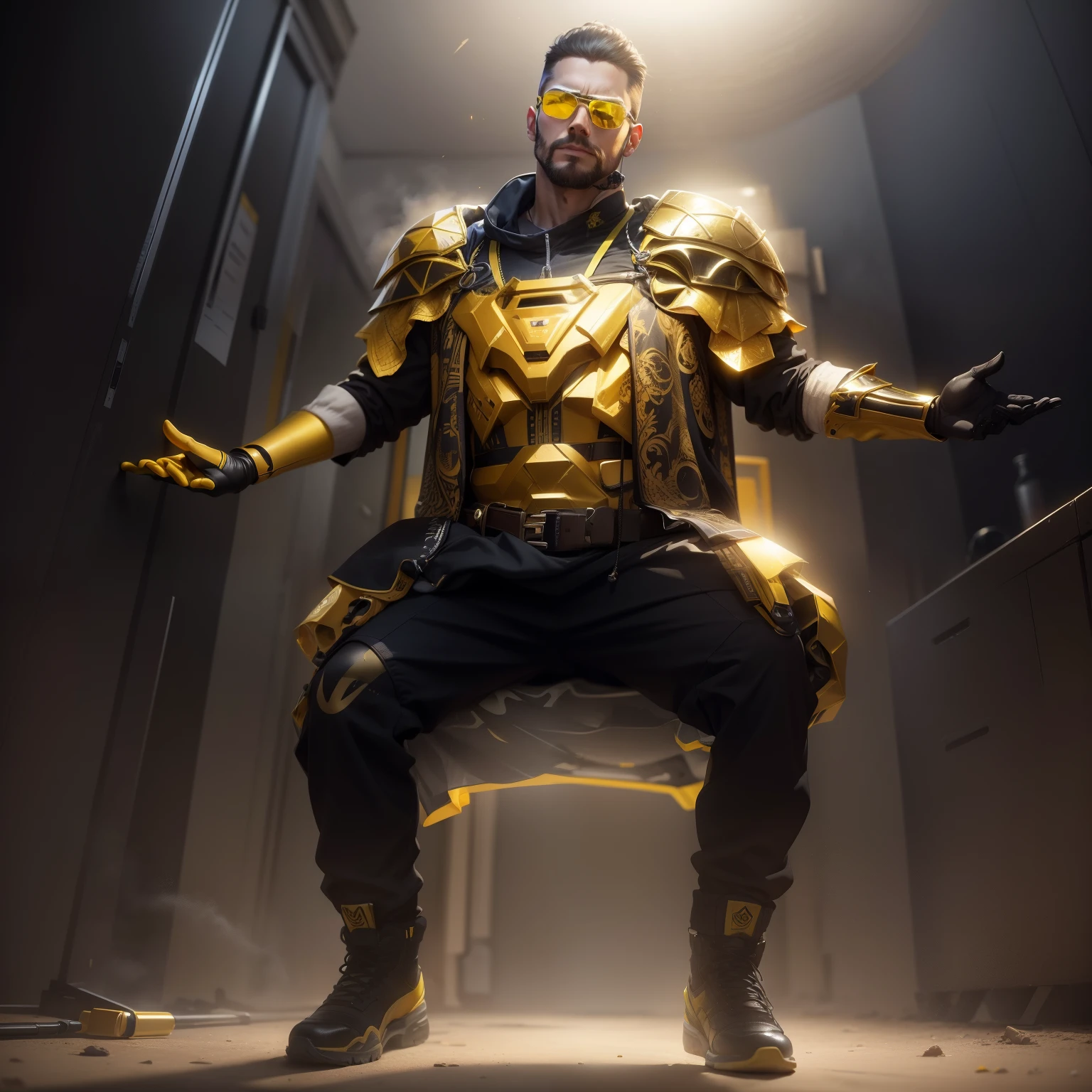 create absolutely realistic do not change the colors do not change the details of the face leave the glasses on the face leave the earphone on the ear strictly observe the proportions strictly observe the small details strictly adhere to the colors from the source Ultra quality 8K keep the yellow colors keep the transparency keep the transparency of the cloak keep the yellow inserts do not change the yellow Rates do not change yellow colors do not replace yellow colors on the face no mask light stubble do not add additional yellow color dark glasses on the face gold bets only on the shoulder pads But also on the sole yellow color yellow sole of the shoes glasses on the face dark glasses keep the metallic left hand
