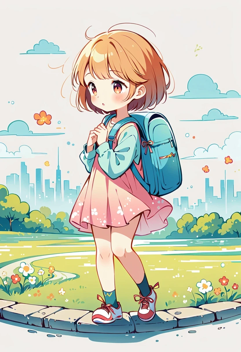 Stand on the rooftop,Girl with backpack on rooftop,The backpack is filled with happy spring,Simple lines,Minimalism,abstraction,City background
