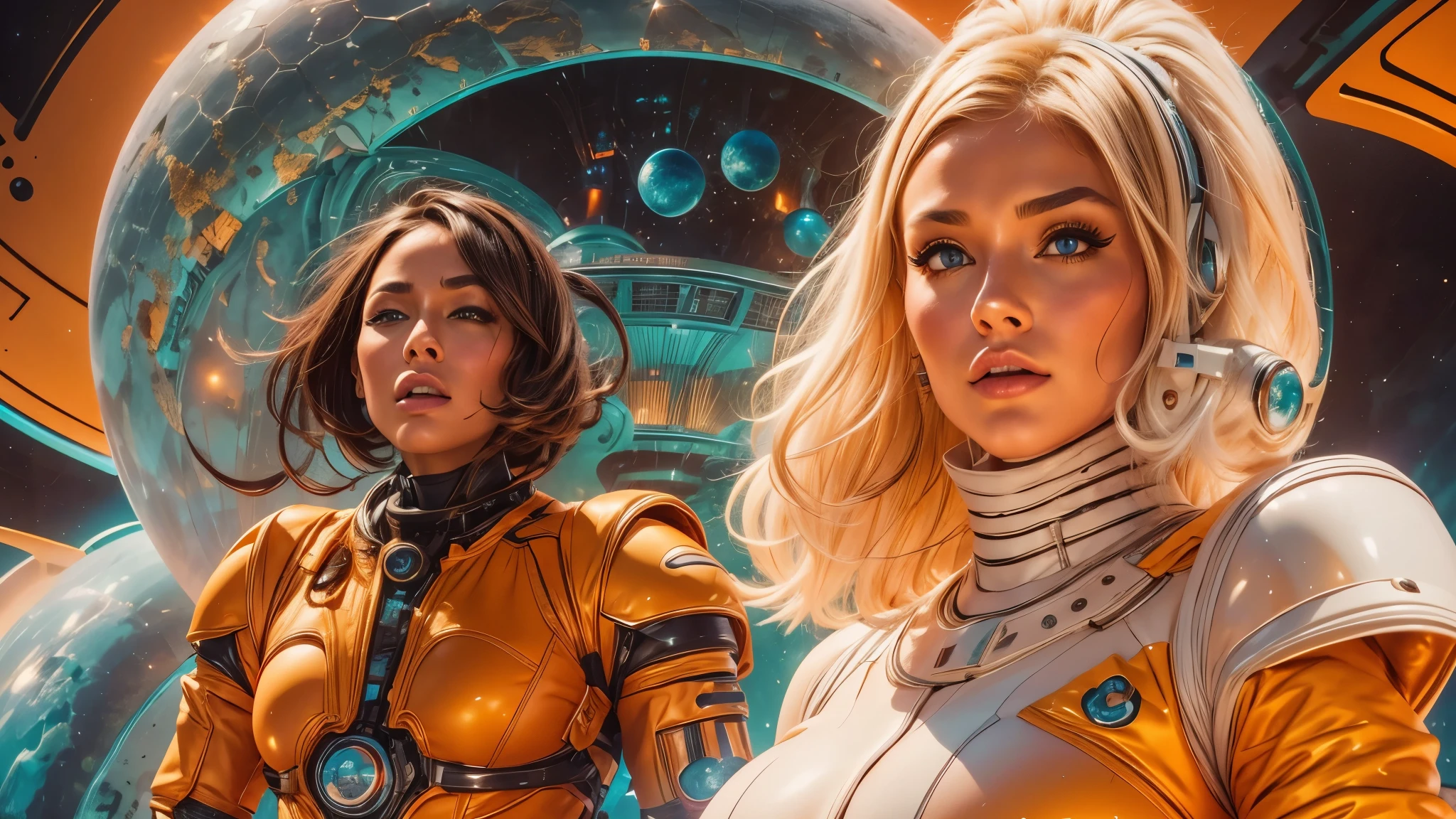 arafed image of a white woman in a futuristic suit with a spaceship in the background, movie art, in front of an orange background, inspired by Robert McGinnis, female protagonist, megastructure in the background, portrait of an ai astronaut, astronauts, an astronaut, portrait of a astronaut skeletor, perfect android girl, detailed eyes, perfectly detailed teeth, frank franzzeta and sakimichan  