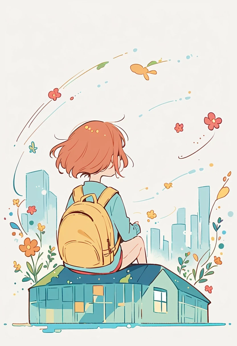 Stand on the rooftop，Girl with backpack on rooftop，The backpack is filled with happy spring，Simple lines，Minimalism，abstraction，City background