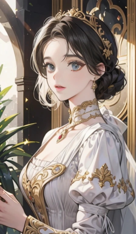 fantasia, 19th-century, empress, mulher, rosto delicado, cabelo loiro claro, olhos azuis, em um vestido real branco com ombros abertos, gold patterns on fabric, crystal jewelry, com uma fita escarlate no ombro com os trajes do monarca, Gothic castle made of white stone in the background, luz, dia, High definition