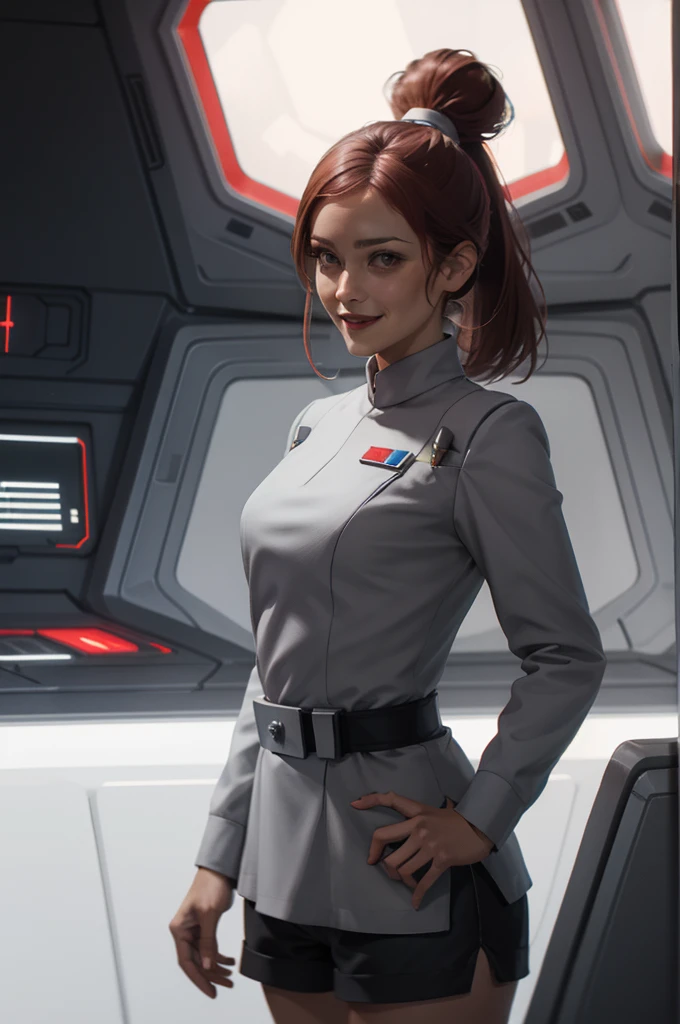 high quality, Half-length portrait, 1 Girl, beautiful, aldult, Curvy beauty, Ponytail Dark Red Hair, Wear shorts, The Imperial Officer in the Starship Laboratory, Restore face, Smile Emotion
 